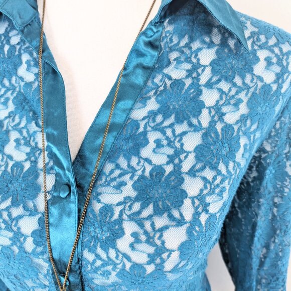 VTG 90s Y2K Selene Sport Blue Sheer Floral Lace Long Sleeve Button Up Blouse - Picture 5 of 8